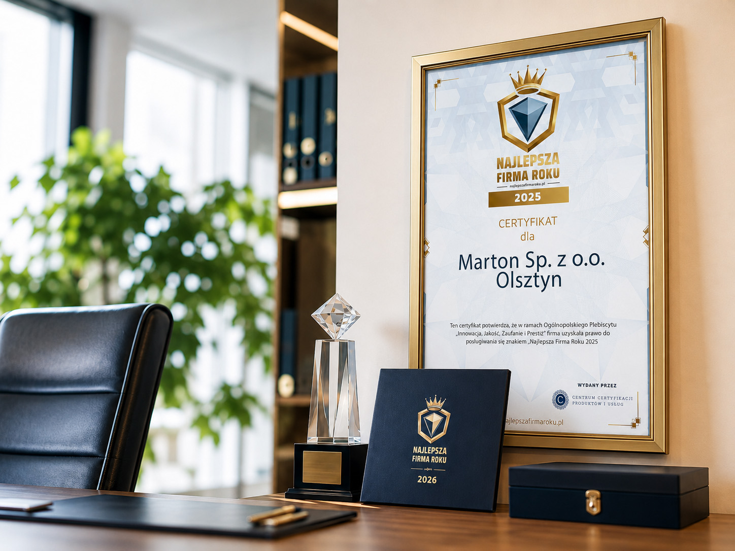 Certyfikat i statuetka Najlepsza Firma Roku w biurze laureata