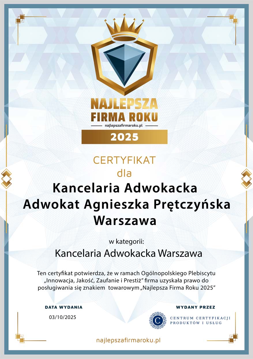 Certyfikat — Kancelaria Adwokacka Agnieszki Prętczyńskiej