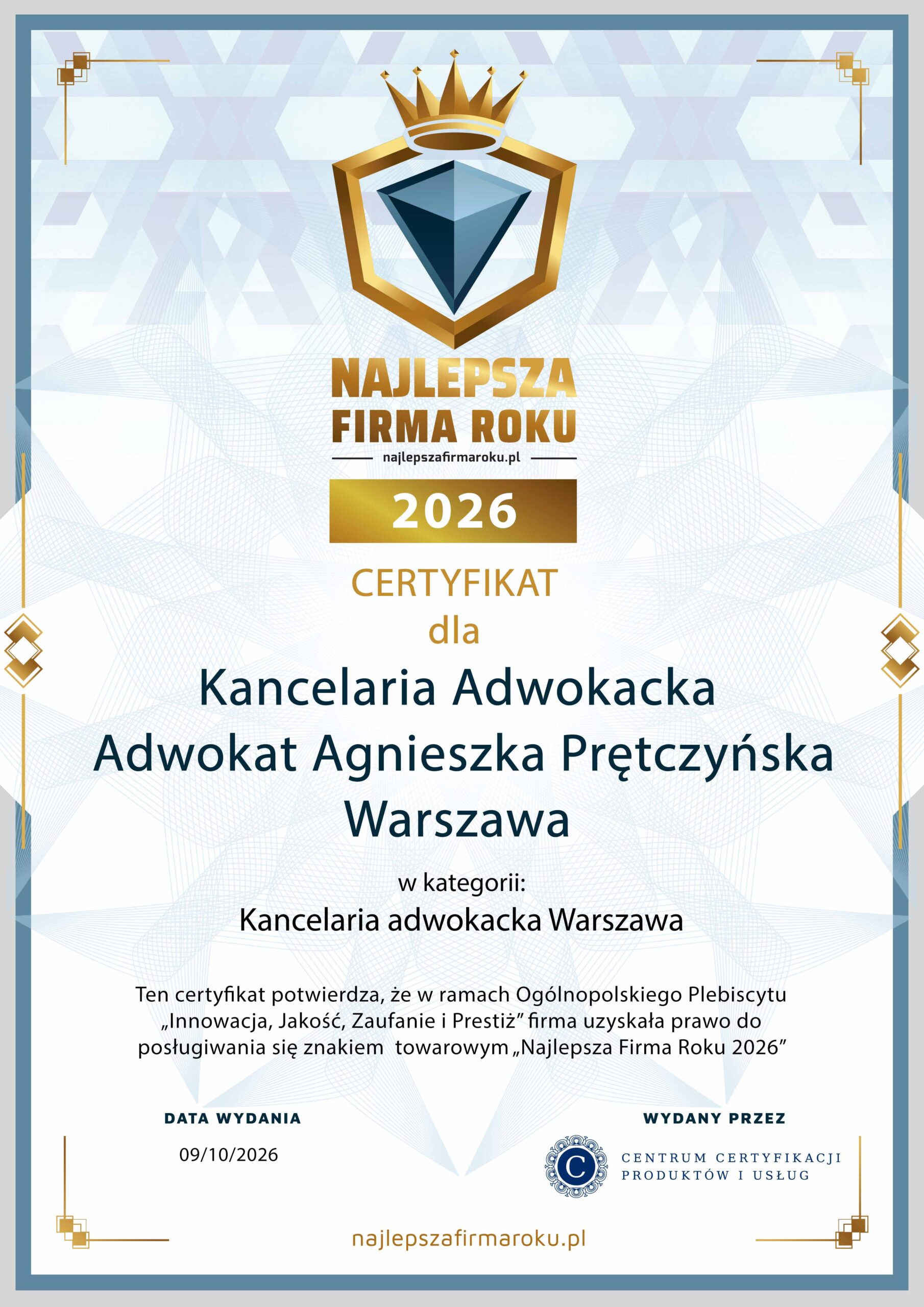 Certyfikat — Kancelaria Adwokacka Agnieszki Prętczyńskiej